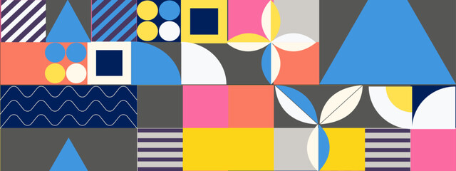 Geometric pattern background, vector multicolor geometry abstract print design with rectangles, squares and circles