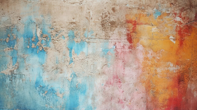 Old concrete wall with peeling pastel paint. Grunge wallpaper. Orange, blue, gray colors.
