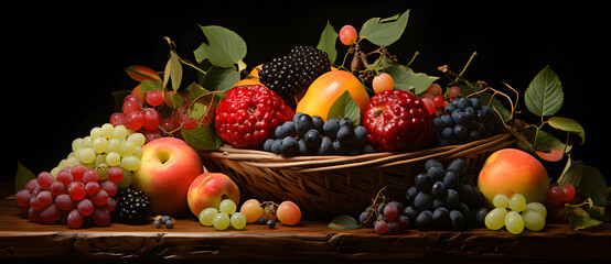 a painting of berries apples and other fruits in a basket Generated by AI