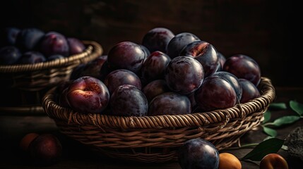 Obraz premium Closeup Fresh Plum Fruits in a bamboo basket with blur background