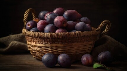 Obraz premium Closeup Fresh Plum Fruits in a bamboo basket with blur background