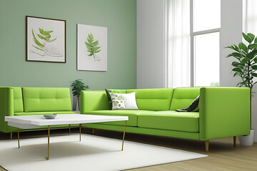  Modern Living Room Interior with Stylish Sofa in Lovely Light Green Color and Wall-Mounted Portrait Frame & Light Pink Wall