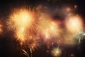 Fototapeta premium New Year's Party Fireworks: Vibrant Horizontal Background for a Dazzling Celebration. Generative AI