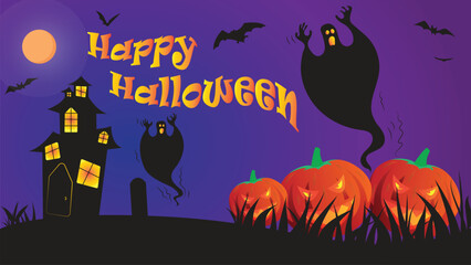 Happy Halloween wish vector illustration with spooky ghosts, bats, scary witch house and grave