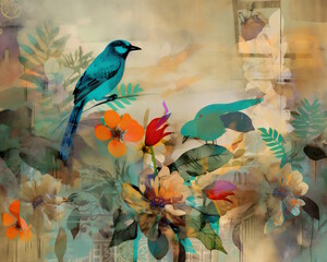 Mutiple textures of tropical collage with flowers, birds, lyrical, using negative space with mutiple textures, layers, pencil scribbles, modern colors. Generative AI