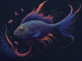 Illustration of the mysterious fish evokes an air of intrigue and curiosity, with its shadowy silhouette and enigmatic eyes.