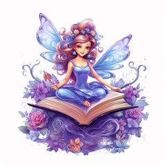 Fototapeta na wymiar a close up of a fairy sitting on a book with flowers. generative ai.