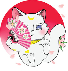 white cute cat holding fan. Japanese Chinese Lucky Cat