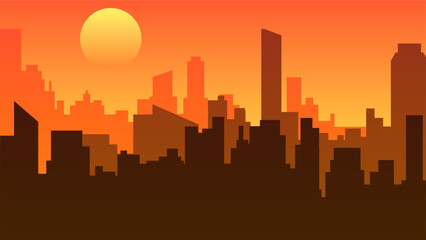 City landscape vector illustration. Urban silhouette with skyline building and sunset sky. Cityscape silhouette landscape for background, wallpaper, display or landing page. Vector gradient style