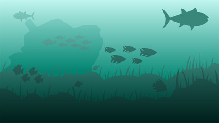Underwater landscape vector illustration. Deep sea landscape with fish, coral reef and shipwreck. Sea world silhouette landscape for background, wallpaper, display or landing page. Vector background