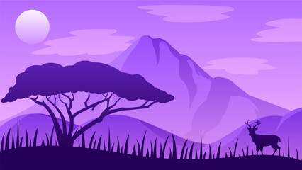 Wildlife landscape vector illustration. Wildlife landscape at night with deer and african tree. Wildlife landscape panorama for background, wallpaper, display or landing page. Vector gradient style