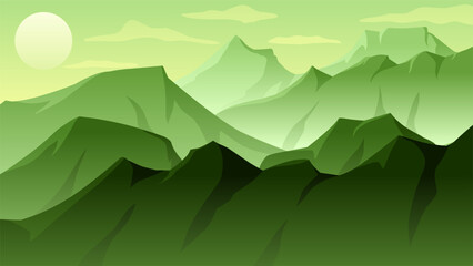 Mountain landscape vector illustration. Green mountains ridge with sun and morning sky. Mountain range landscape for background, wallpaper, display or landing page. Vector gradient style background