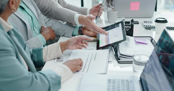 Meeting, statistics and business people on tablet with documents for finance review, analytics and report. Marketing, teamwork and men and women in discussion with infographic and planning online
