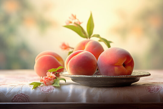  Delicious Ripe Peaches Close-Up, Soft Focus