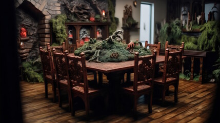 Fototapeta na wymiar Ultra-Realistic Wilderness with Gloomy Ferns, Vines, and Close-Up Detail - Perfect for Tabletop Gaming - Clean Wooden Table, Chairs, and Low-Light Ambiance. Generative AI