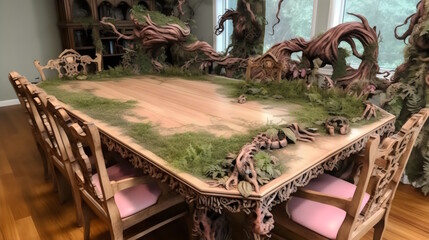 Ultra-Realistic Wilderness with Gloomy Ferns, Vines, and Close-Up Detail - Perfect for Tabletop Gaming - Clean Wooden Table, Chairs, and Low-Light Ambiance. Generative AI