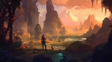 Female Character Concept Art in Enchanting Fantasy Landscape with Vibrant Colors, and Breathtaking Lighting. Generative AI