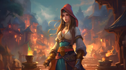 Female Character Concept Art in Enchanting Fantasy Landscape with Vibrant Colors, and Breathtaking Lighting. Generative AI