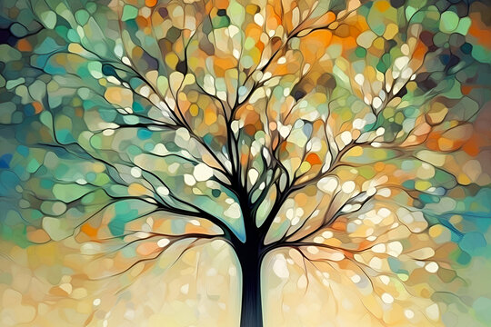 Abstract creative background. The tree is orange, green, white and blue.
