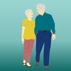cartoon characters elderly walk hand in hand.