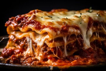Piece of tasty hot lasagna close-up.