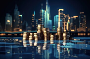 Stacks of coins with city background, business and financial concept.