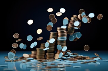 coins falling on the floor with blue background. business and finance concept