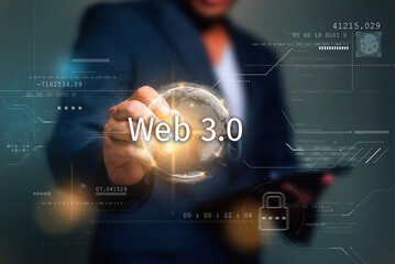 Fototapeta na wymiar Web 3.0 concept. businessmand hand touch Web 3.0 and 3d holo globe on virtual display for website development tecnology. blockchain, worldwide network.