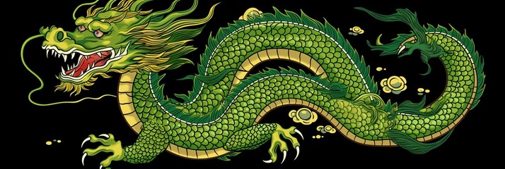 Traditional Asian dragon green flying 2024 Chinese New Year zodiac sign. banner Generative ai