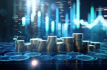 Stacks of coins with stock market chart on the background. 3d rendering