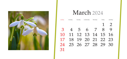 Set of horizontal flip calendars with amazing landscapes in minimal style. March 2024. Close up...