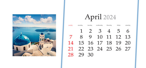Set of horizontal flip calendars with amazing landscapes in minimal style. April 2024. Bright...