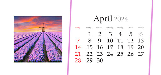 Set of horizontal flip calendars with amazing landscapes in minimal style. April 2024. Spectacular...