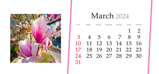 Set of horizontal flip calendars with amazing landscapes in minimal style. March 2024. Blooming...