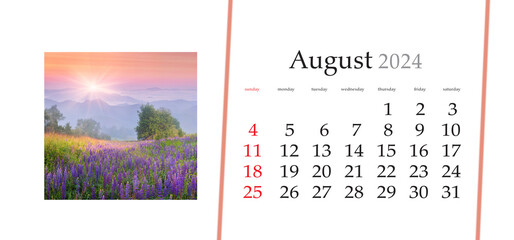 Set of horizontal flip calendars with amazing landscapes in minimal style. August 2024. Impressive sunrise in Carpathian mountains, Ukraine, Europe. Fantastic morning scene of mountains.