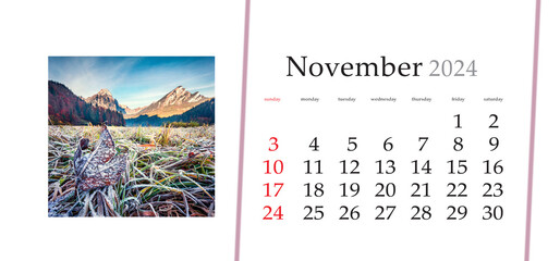 Set of horizontal flip calendars with amazing landscapes in minimal style. Nowember 2024. First frost on the shore of Obersee lake, Nafels village location. Stunning morning scene of Switzerland.