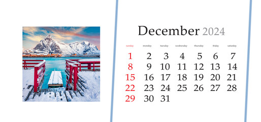 Set of horizontal flip calendars with amazing landscapes in minimal style. December 2024. Splendid winter wie of Gravdal bay, Sakrisoy port, Lofoten Islands archipelago, Norway, Europe. - obrazy, fototapety, plakaty