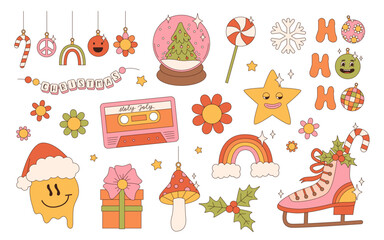 Groovy hippie Christmas stickers. Santa Claus, Christmas tree, gifts, rainbow, peace, holly jolly vibes, ho ho ho, winter, gingerbread in trendy retro cartoon style. Cartoon characters and elements.