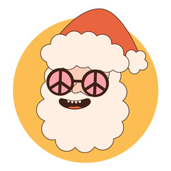 Groovy hippie Christmas stickers. Santa Claus, tree, smile, peace, rainbow in trendy retro cartoon style. Merry Christmas and Happy New year greeting card, poster, print, party invitation, background.