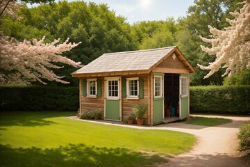 Detail of a rustic garden shed among flowering trees