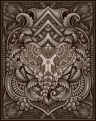 Elephant head tribal style with antique engraving ornament