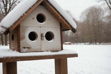 Detail of a birdhouse blanketed in snow