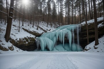 Detail of a frozen waterfall in a winter forest