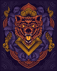 Angry wolf head with antique engraving ornament