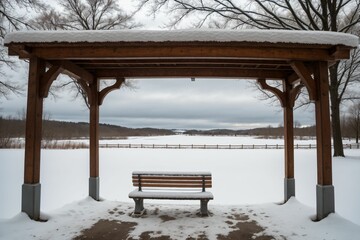 A frost-covered park bench under a winter sky