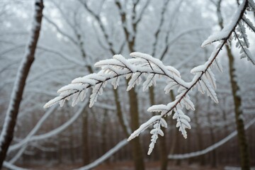Detail of frost on a leafless tree branch