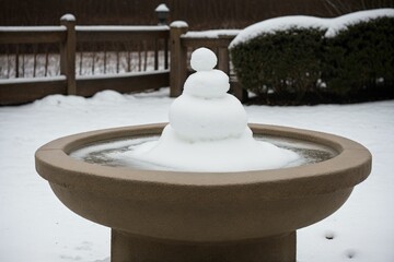 Snow on an old stone bird bath