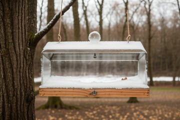 Frost on a wooden bird feeder