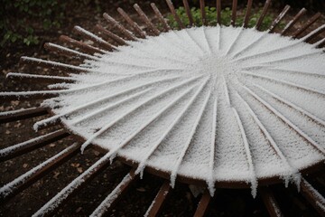 Frost on a rusty garden rake