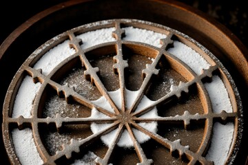 Close-up of a snowflake on a wagon wheel